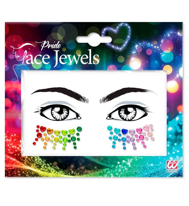 Bunte selbstklebende Glitzersteine im Pride-Design auf Gesicht aufgetragen