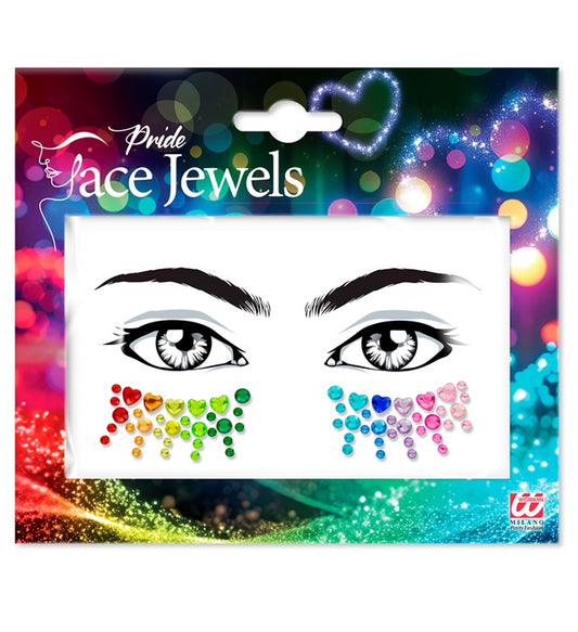 Bunte selbstklebende Glitzersteine im Pride-Design auf Gesicht aufgetragen