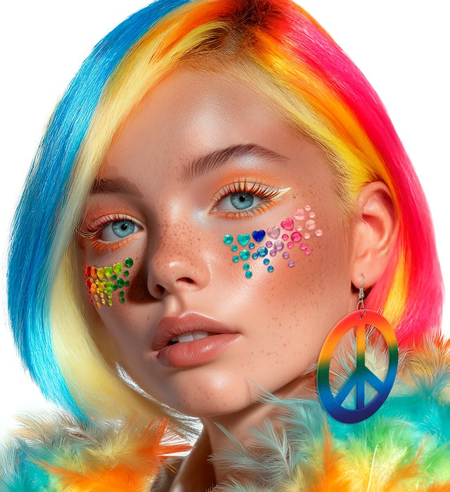 Bunte selbstklebende Glitzersteine im Pride-Design auf Gesicht aufgetragen