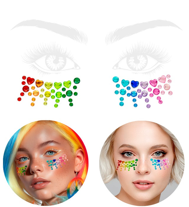 Bunte selbstklebende Glitzersteine im Pride-Design auf Gesicht aufgetragen