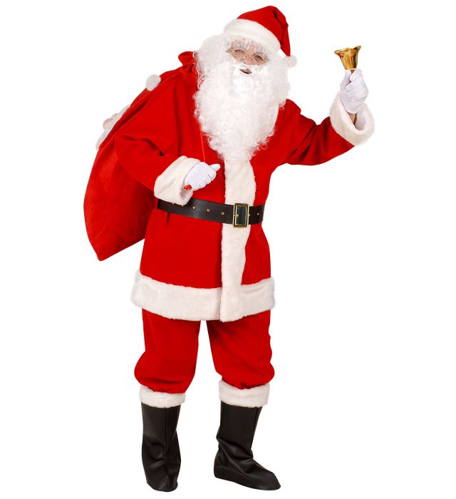 Weihnachtsmann-Kostüm Komplettset mit roter Jacke, Hose, Gürtel, Stiefelüberziehern und Hut mit Plüschrand
