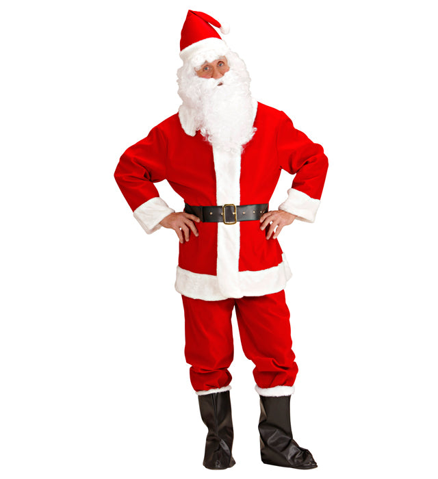 Weihnachtsmann-Kostüm Komplettset mit roter Jacke, Hose, Gürtel, Stiefelüberziehern und Hut mit Plüschrand