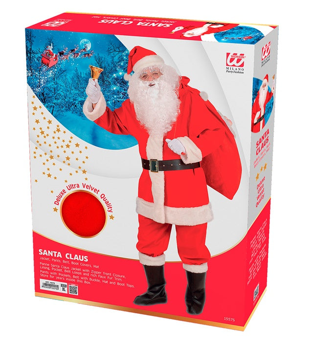 Weihnachtsmann-Kostüm Komplettset mit roter Jacke, Hose, Gürtel, Stiefelüberziehern und Hut mit Plüschrand