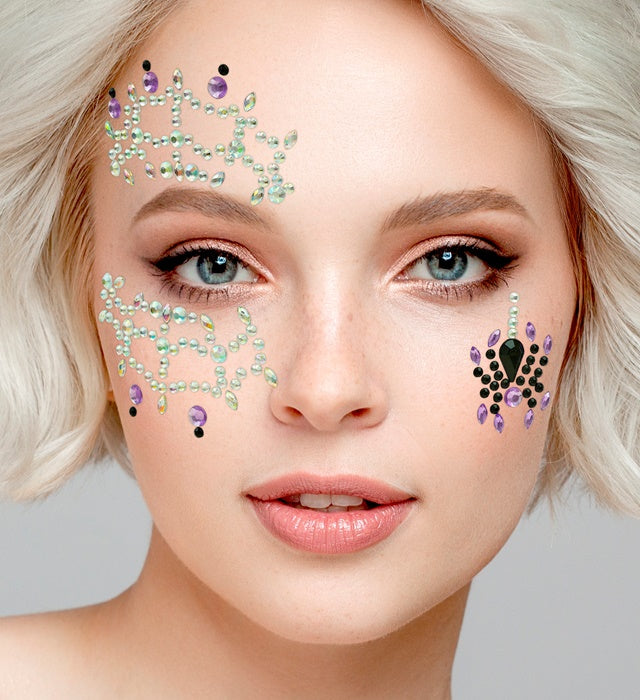 Selbstklebende Glitzersteine in Spinnenform für Gesichtsschmuck bei Fasnacht