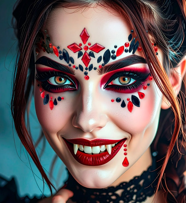 Selbstklebende Glitzersteine für das Gesicht im Vampirin-Design auf schwarzem Hintergrund