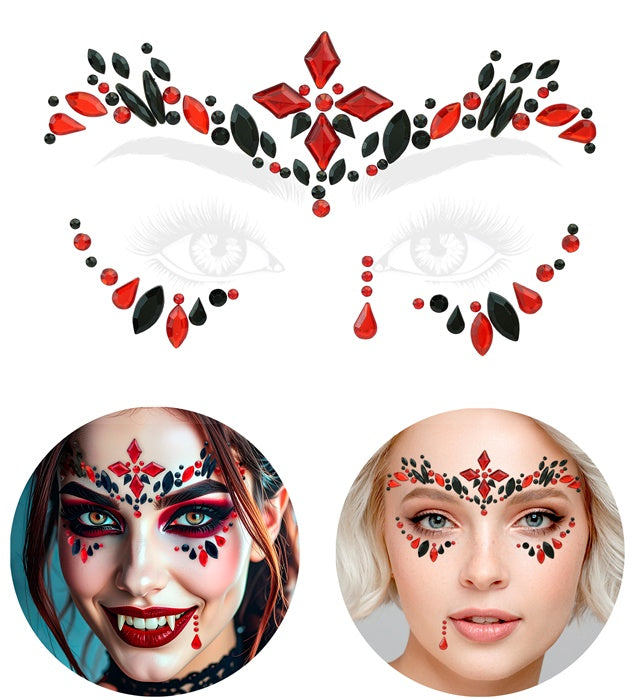 Selbstklebende Glitzersteine für das Gesicht im Vampirin-Design auf schwarzem Hintergrund
