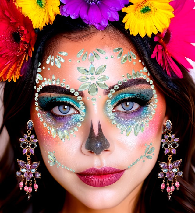 Selbstklebende Glitzersteine in Diamantform für Gesicht im Dia de los Muertos Stil