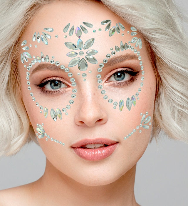 Selbstklebende Glitzersteine in Diamantform für Gesicht im Dia de los Muertos Stil