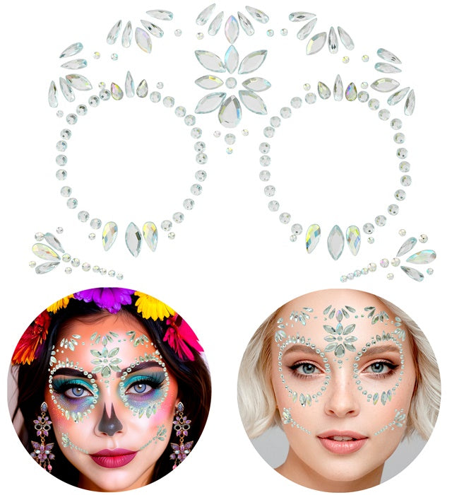 Selbstklebende Glitzersteine in Diamantform für Gesicht im Dia de los Muertos Stil