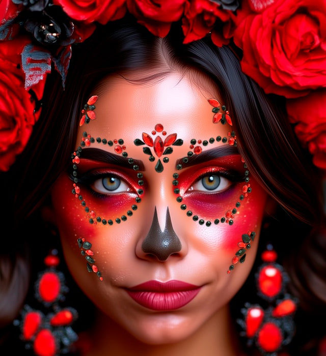 Selbstklebende rote und schwarze Glitzersteine für Gesichtsschmuck Dia de los Muertos