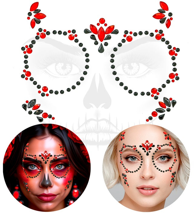 Selbstklebende rote und schwarze Glitzersteine für Gesichtsschmuck Dia de los Muertos