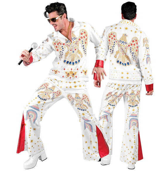 Elvis King of Rock Herrenkostüm mit Oberteil und Hose in Weiss