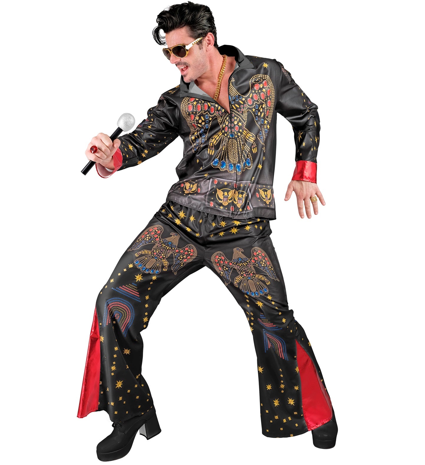 Elvis King of Rock Herrenkostüm mit Oberteil und Hose in Schwarz
