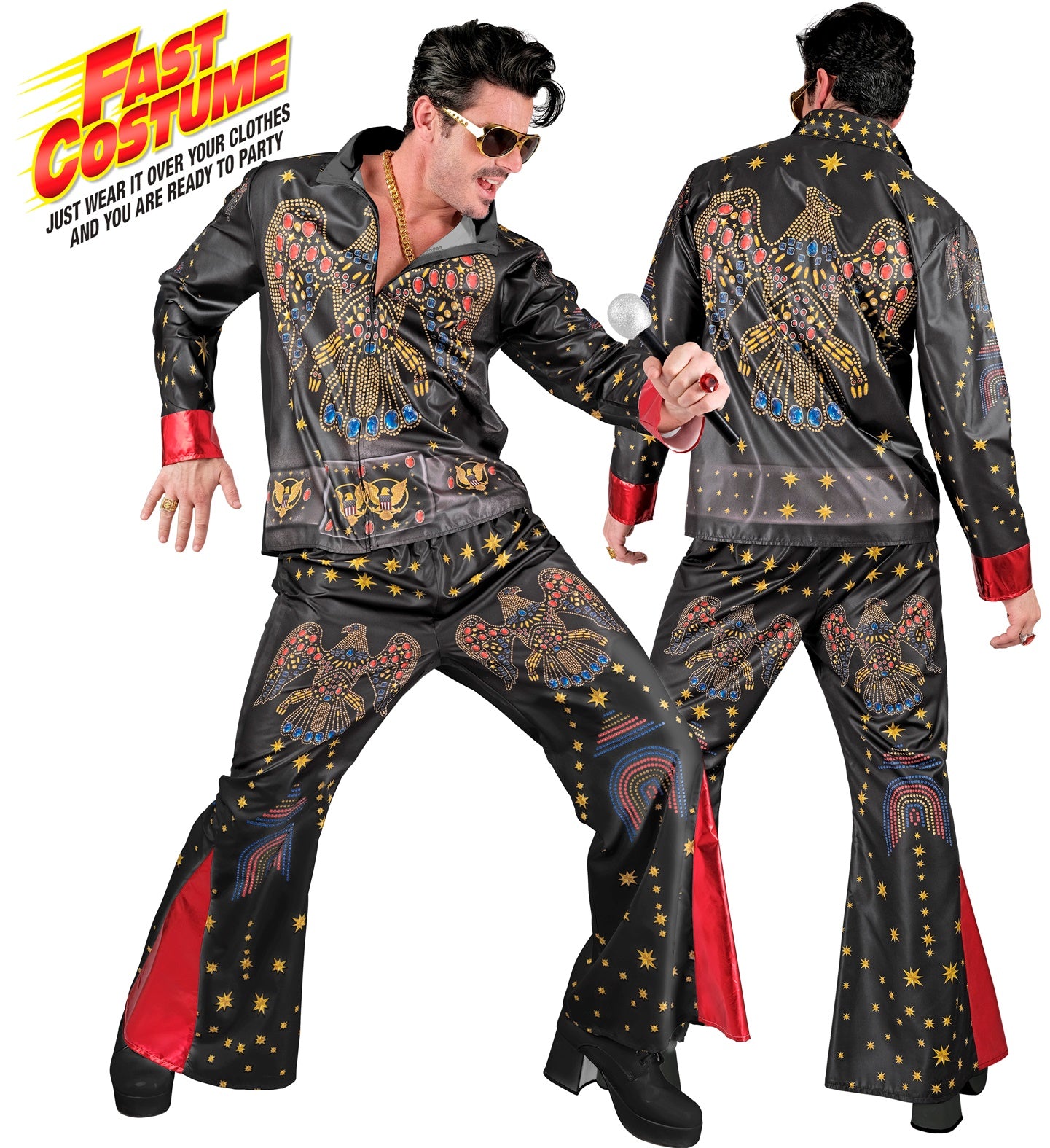 Elvis King of Rock Herrenkostüm mit Oberteil und Hose in Schwarz