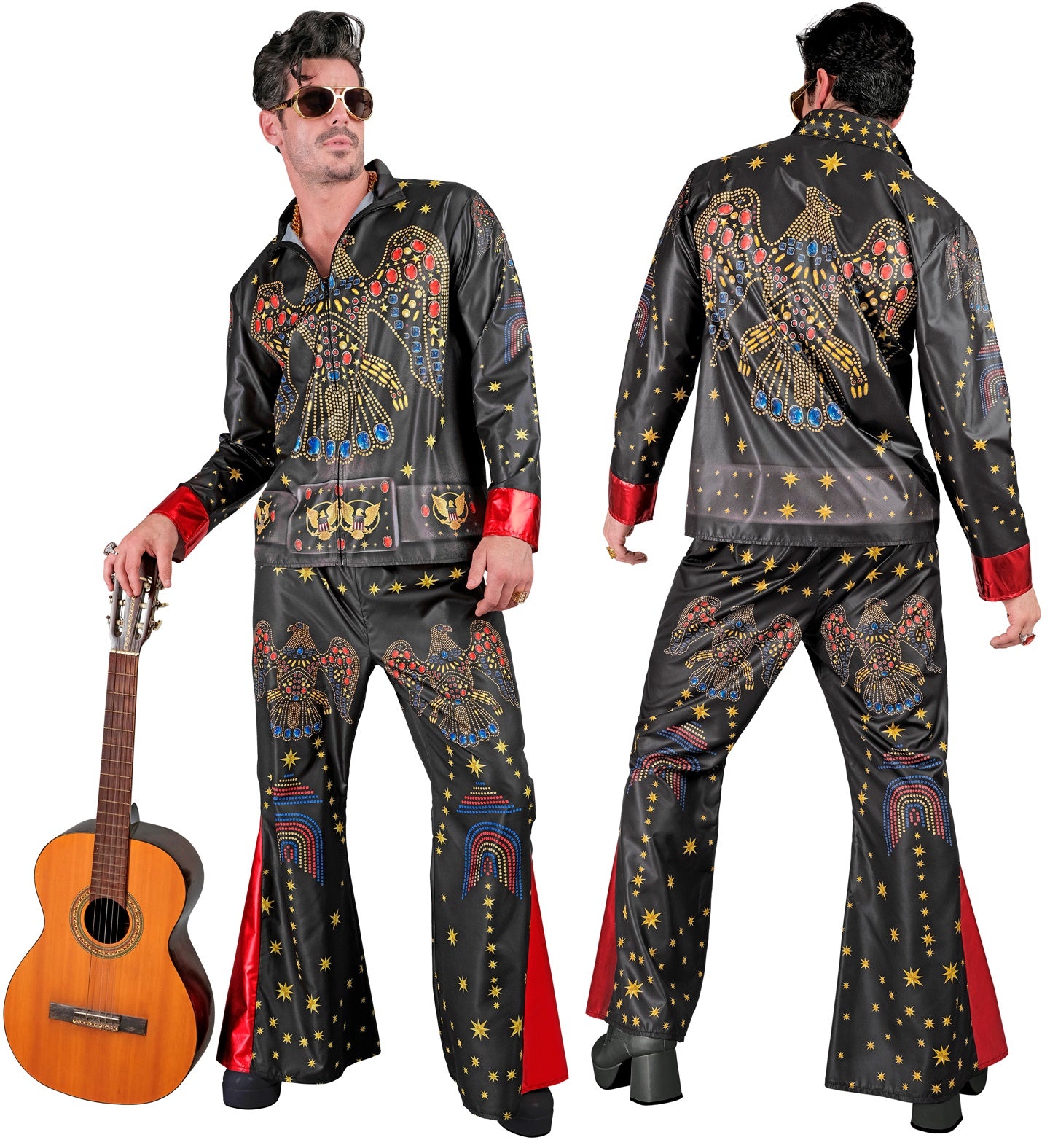 Elvis King of Rock Herrenkostüm mit Oberteil und Hose in Schwarz
