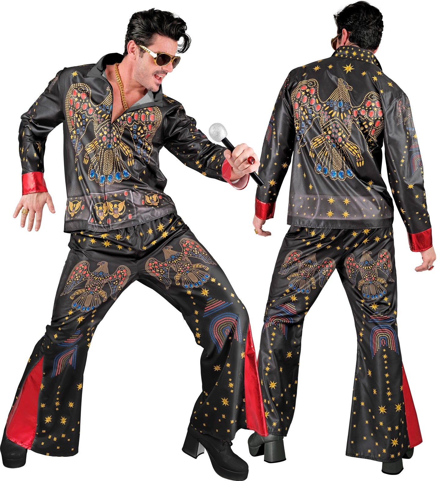Elvis King of Rock Herrenkostüm mit Oberteil und Hose in Schwarz