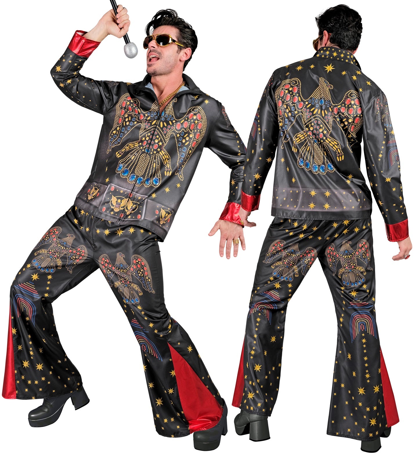 Elvis King of Rock Herrenkostüm mit Oberteil und Hose in Schwarz