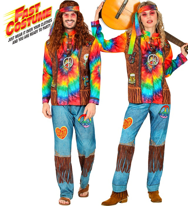 Buntes Hippie Fast Kostüm mit Oberteil, Hose und Stirnband für Fasnacht