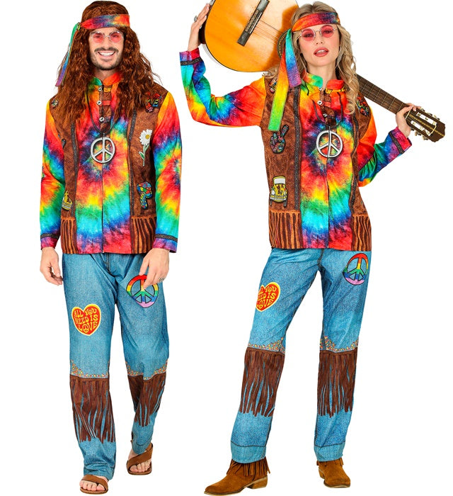 Buntes Hippie Fast Kostüm mit Oberteil, Hose und Stirnband für Fasnacht