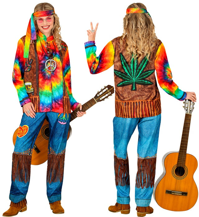 Buntes Hippie Fast Kostüm mit Oberteil, Hose und Stirnband für Fasnacht