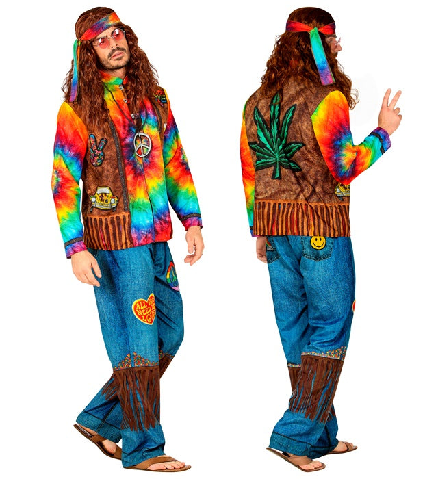 Buntes Hippie Fast Kostüm mit Oberteil, Hose und Stirnband für Fasnacht