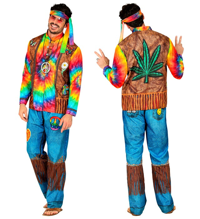 Buntes Hippie Fast Kostüm mit Oberteil, Hose und Stirnband für Fasnacht