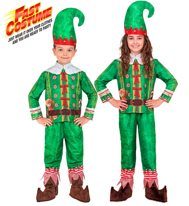 Elfen-Kostüm Set mit grünem Oberteil, Hose und spitz zulaufender Mütze für Fasnacht