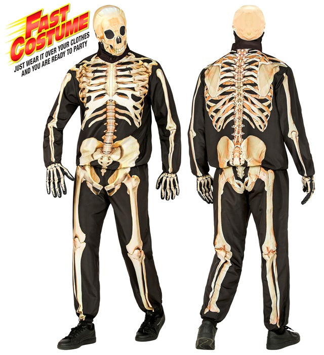 Skelett Kostüm Set mit Maske, Handschuhen, Oberteil und Hose auf weißem Hintergrund