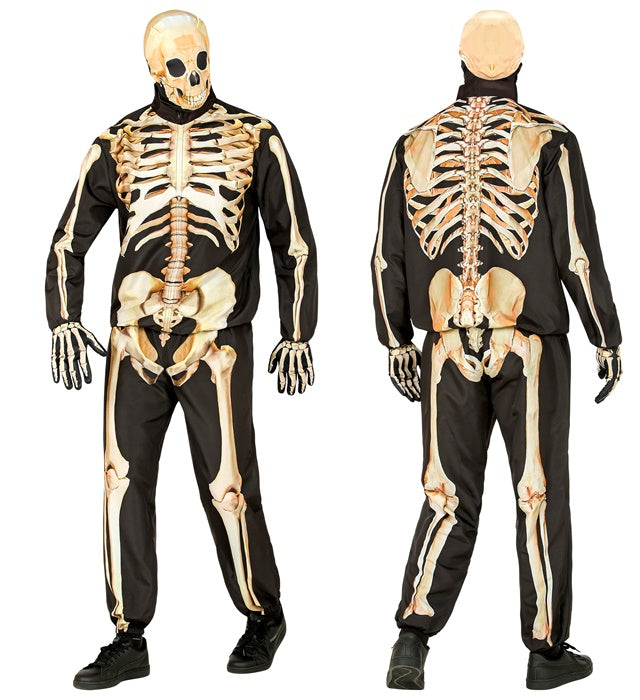 Skelett Kostüm Set mit Maske, Handschuhen, Oberteil und Hose auf weißem Hintergrund
