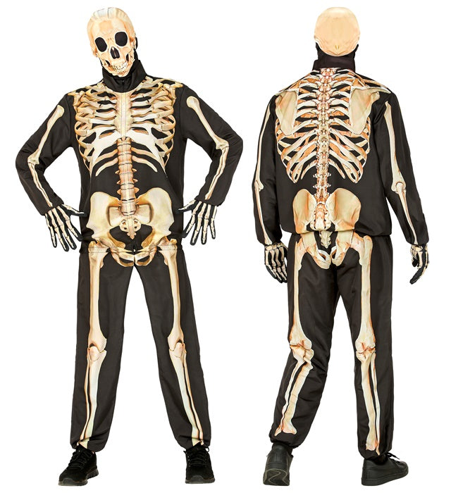 Skelett Kostüm Set mit Maske, Handschuhen, Oberteil und Hose auf weißem Hintergrund