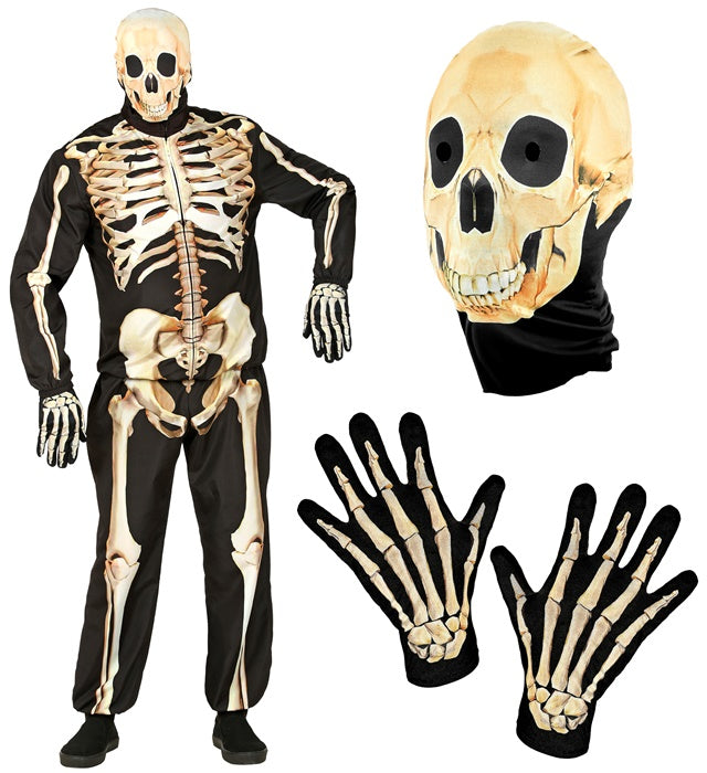 Skelett Kostüm Set mit Maske, Handschuhen, Oberteil und Hose auf weißem Hintergrund