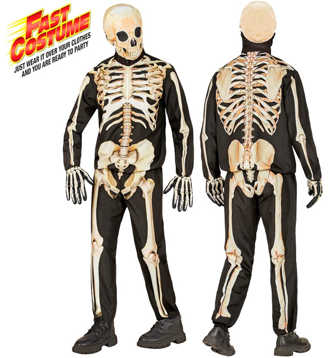 Skelett-Kostüm Set mit Maske, Handschuhen, Oberteil und Hose auf neutralem Hintergrund