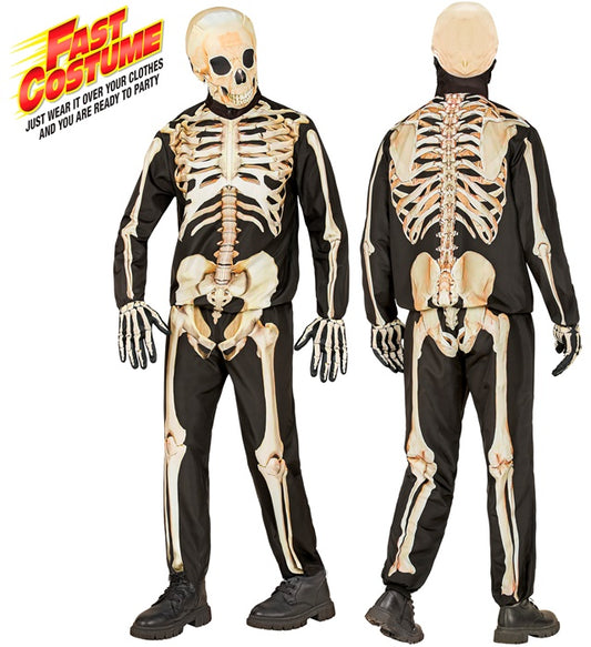 Skelett-Kostüm Set mit Maske, Handschuhen, Oberteil und Hose auf neutralem Hintergrund