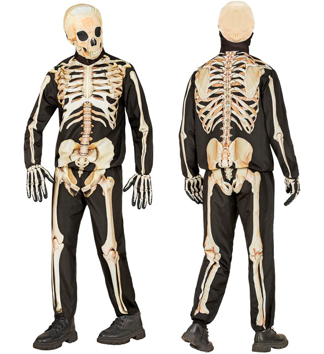 Skelett-Kostüm Set mit Maske, Handschuhen, Oberteil und Hose auf neutralem Hintergrund