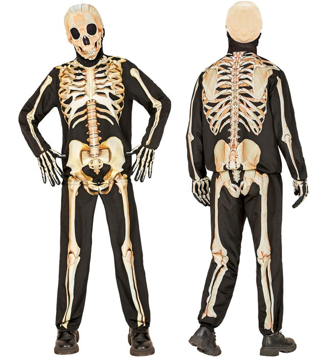Skelett-Kostüm Set mit Maske, Handschuhen, Oberteil und Hose auf neutralem Hintergrund