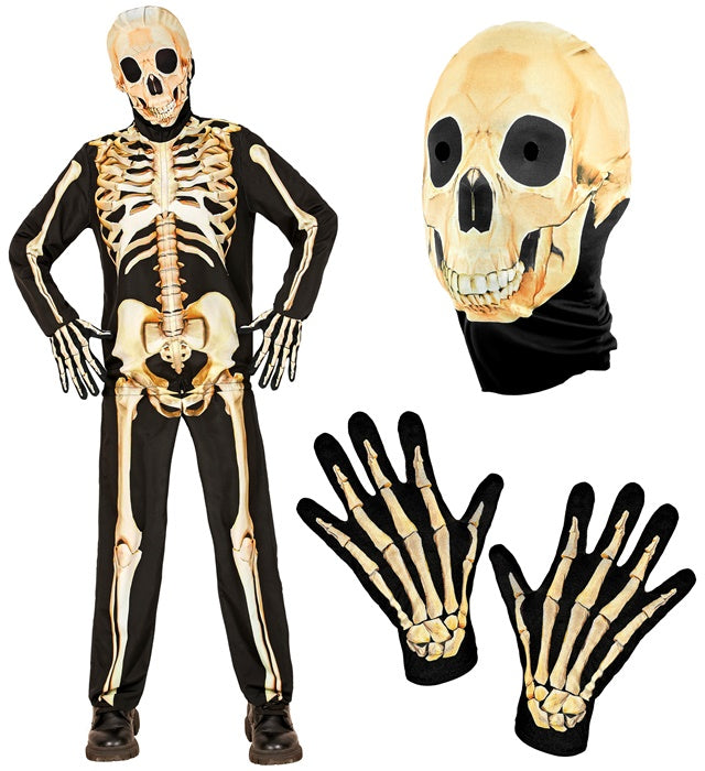 Skelett-Kostüm Set mit Maske, Handschuhen, Oberteil und Hose auf neutralem Hintergrund