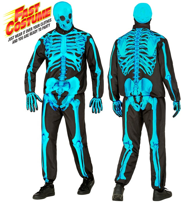 Neon Skelett Kostüm Komplettset mit leuchtender Maske und Handschuhen