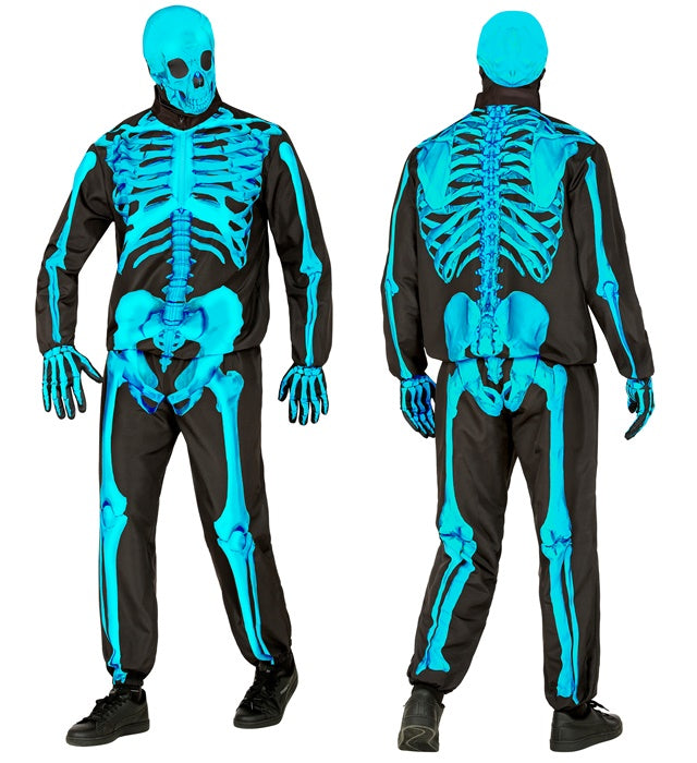 Neon Skelett Kostüm Komplettset mit leuchtender Maske und Handschuhen