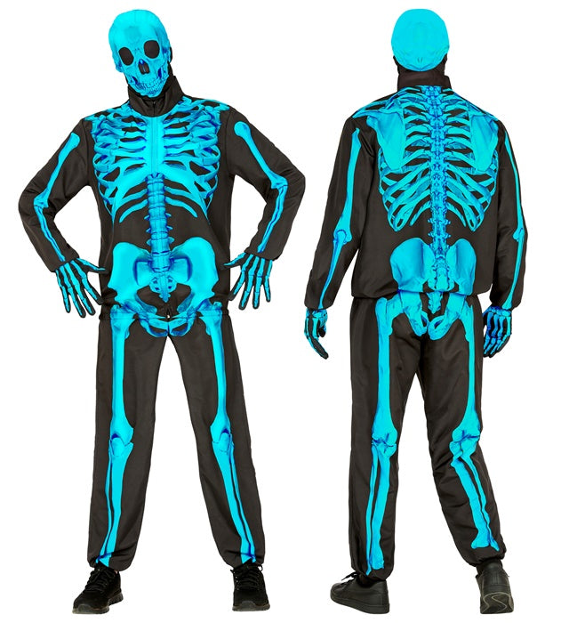 Neon Skelett Kostüm Komplettset mit leuchtender Maske und Handschuhen