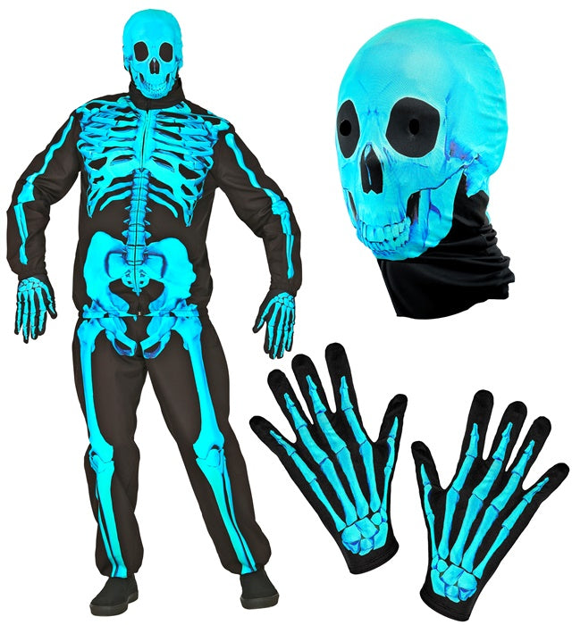 Neon Skelett Kostüm Komplettset mit leuchtender Maske und Handschuhen