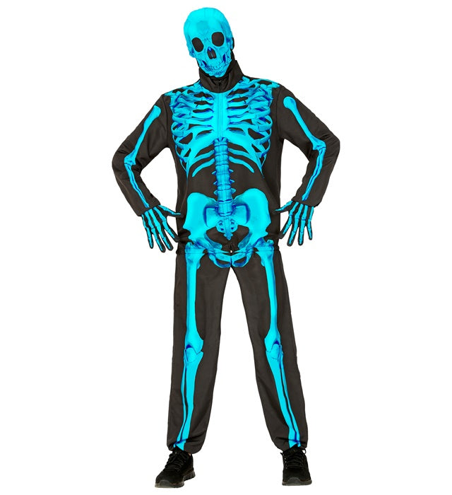 Neon Skelett Kostüm Komplettset mit leuchtender Maske und Handschuhen