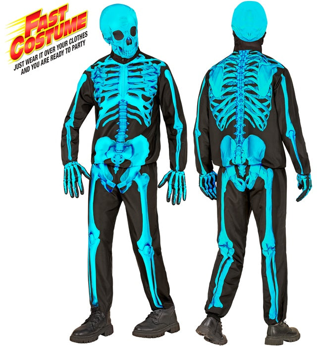 Neon Skelett Fasnachtskostüm mit Maske, Handschuhen, Oberteil und Hose