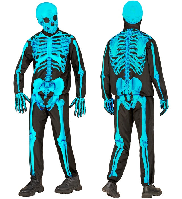 Neon Skelett Fasnachtskostüm mit Maske, Handschuhen, Oberteil und Hose