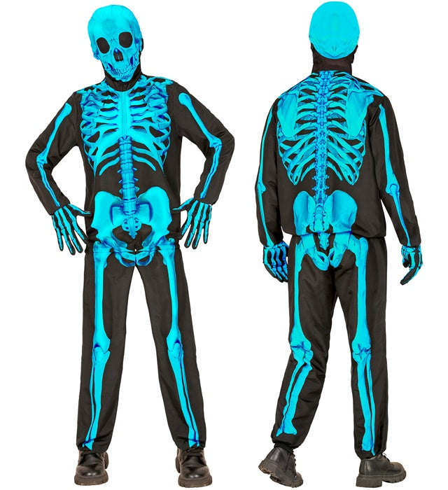 Neon Skelett Fasnachtskostüm mit Maske, Handschuhen, Oberteil und Hose