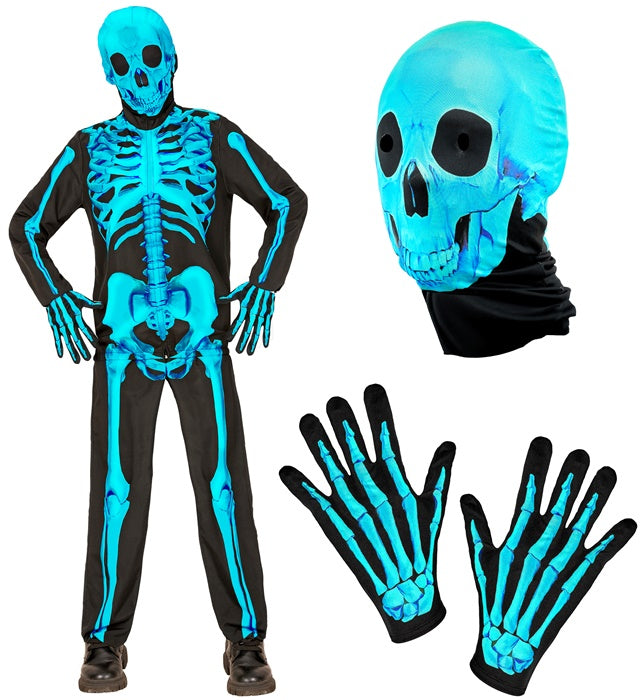 Neon Skelett Fasnachtskostüm mit Maske, Handschuhen, Oberteil und Hose