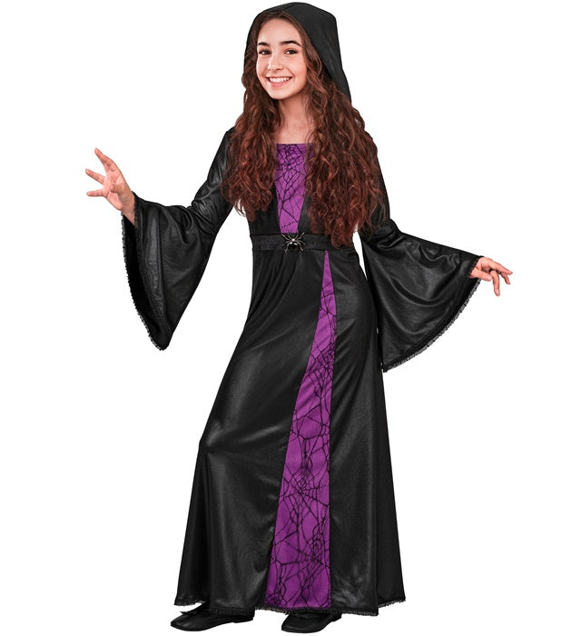 Schwarzes Hexenkleid mit Kapuze und Spinnenbrosche für Fasnacht