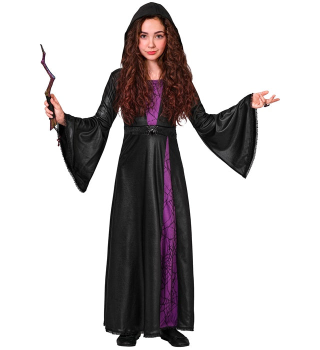 Schwarzes Hexenkleid mit Kapuze und Spinnenbrosche für Fasnacht