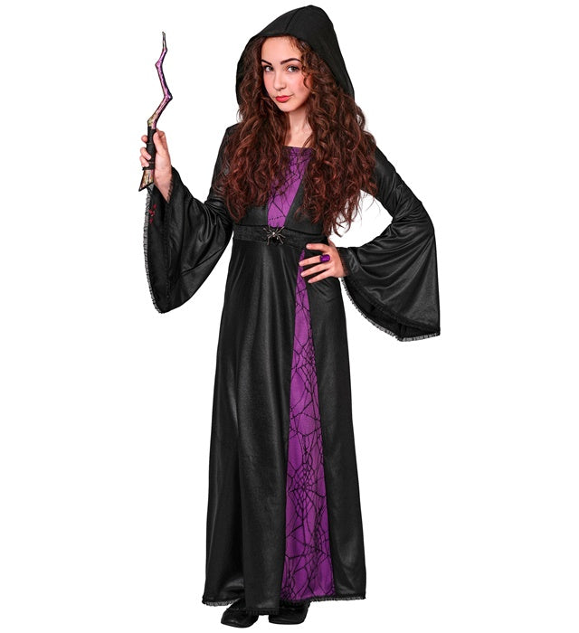 Schwarzes Hexenkleid mit Kapuze und Spinnenbrosche für Fasnacht