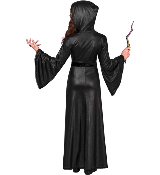 Schwarzes Hexenkleid mit Kapuze und Spinnenbrosche für Fasnacht