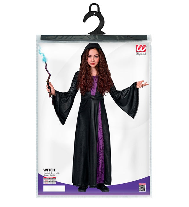 Schwarzes Hexenkleid mit Kapuze und Spinnenbrosche für Fasnacht